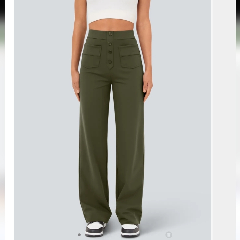 High Waisted Button Multiple Pockets Straight Leg Casual Pants
